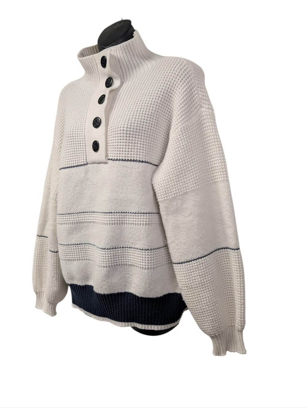 Commense Cream Stripe Mock Neck Button Pullover Sweater Nautical Knit Large L - Picture 3 of 9